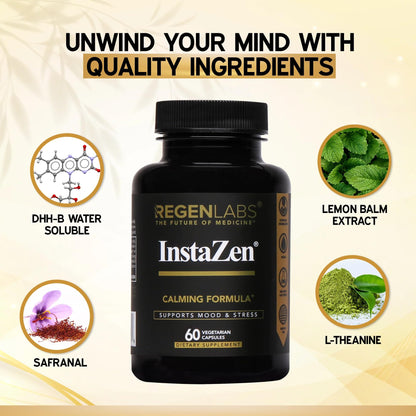 InstaZen Natural Stress Relief Supplement Mood Support | Doctor Formulated Herbal Calm Formula with DHHB, Safranal Extract, L-Theanine, Lemon Balm | Stress Support - 60 Capsules Regen Labs - dailyvitalstore