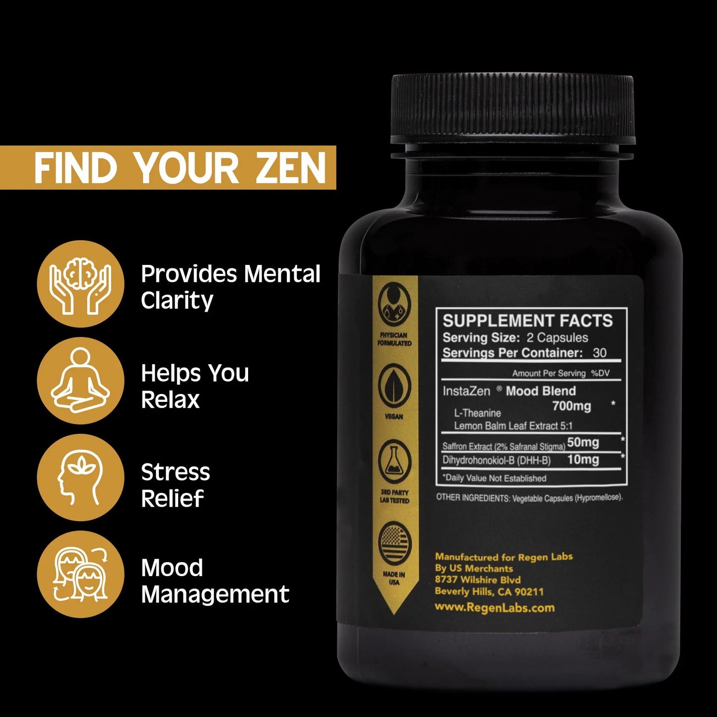 InstaZen Natural Stress Relief Supplement Mood Support | Doctor Formulated Herbal Calm Formula with DHHB, Safranal Extract, L-Theanine, Lemon Balm | Stress Support - 60 Capsules Regen Labs - dailyvitalstore