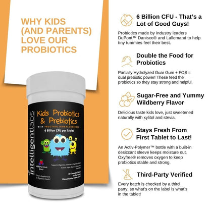 Intelligent Labs Kids/Children Probiotics 6 Billion CFU with Prebiotics, PHGG & FOS, Once-Daily Chewable, Great Taste, 10x Effectiveness - dailyvitalstore