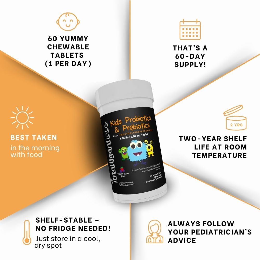 Intelligent Labs Kids/Children Probiotics 6 Billion CFU with Prebiotics, PHGG & FOS, Once-Daily Chewable, Great Taste, 10x Effectiveness - dailyvitalstore