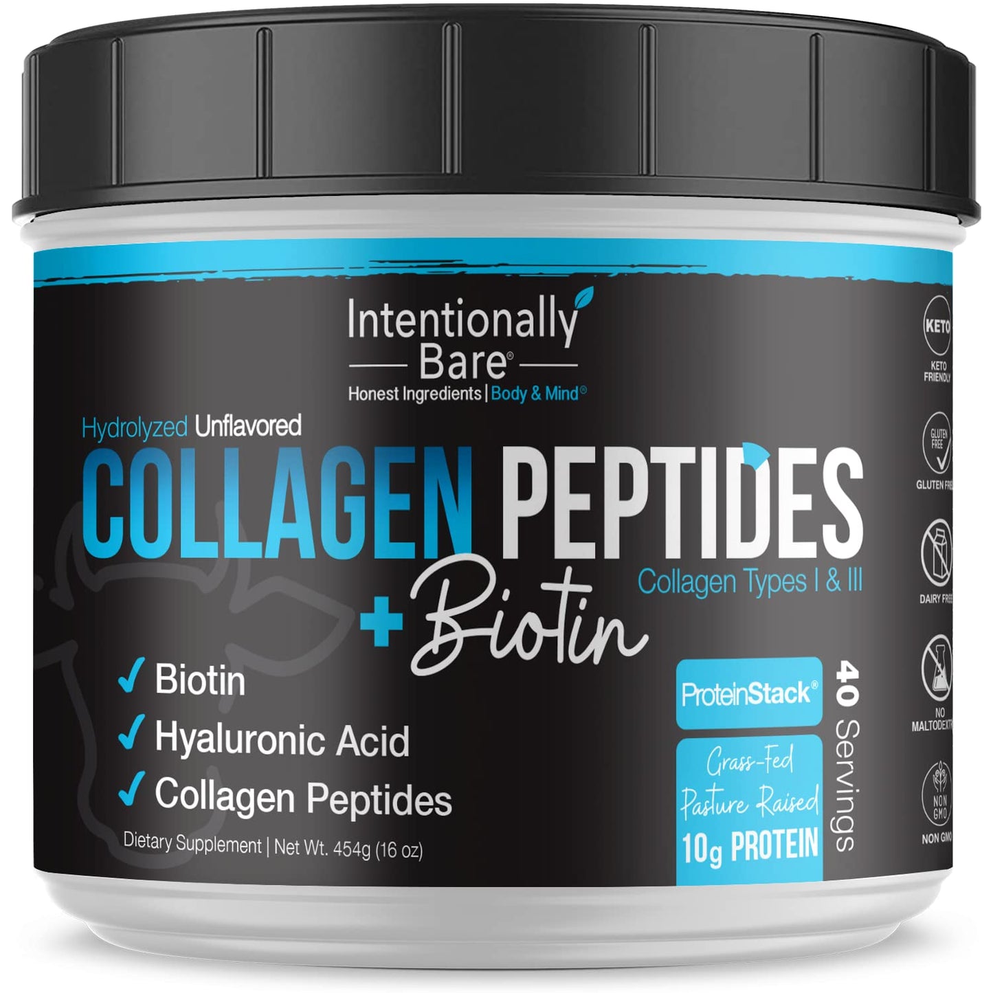Intentionally Bare Grass Fed Hydrolyzed Collagen Peptides Powder - Bovine Collagen Powder – with Biotin, Hyaluronic Acid, Vitamin C & Zinc - Peptides I & III - dailyvitalstore
