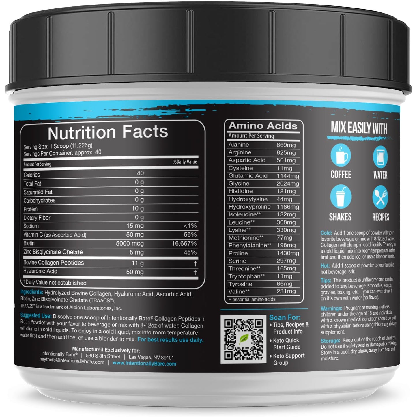 Intentionally Bare Grass Fed Hydrolyzed Collagen Peptides Powder - Bovine Collagen Powder – with Biotin, Hyaluronic Acid, Vitamin C & Zinc - Peptides I & III - dailyvitalstore