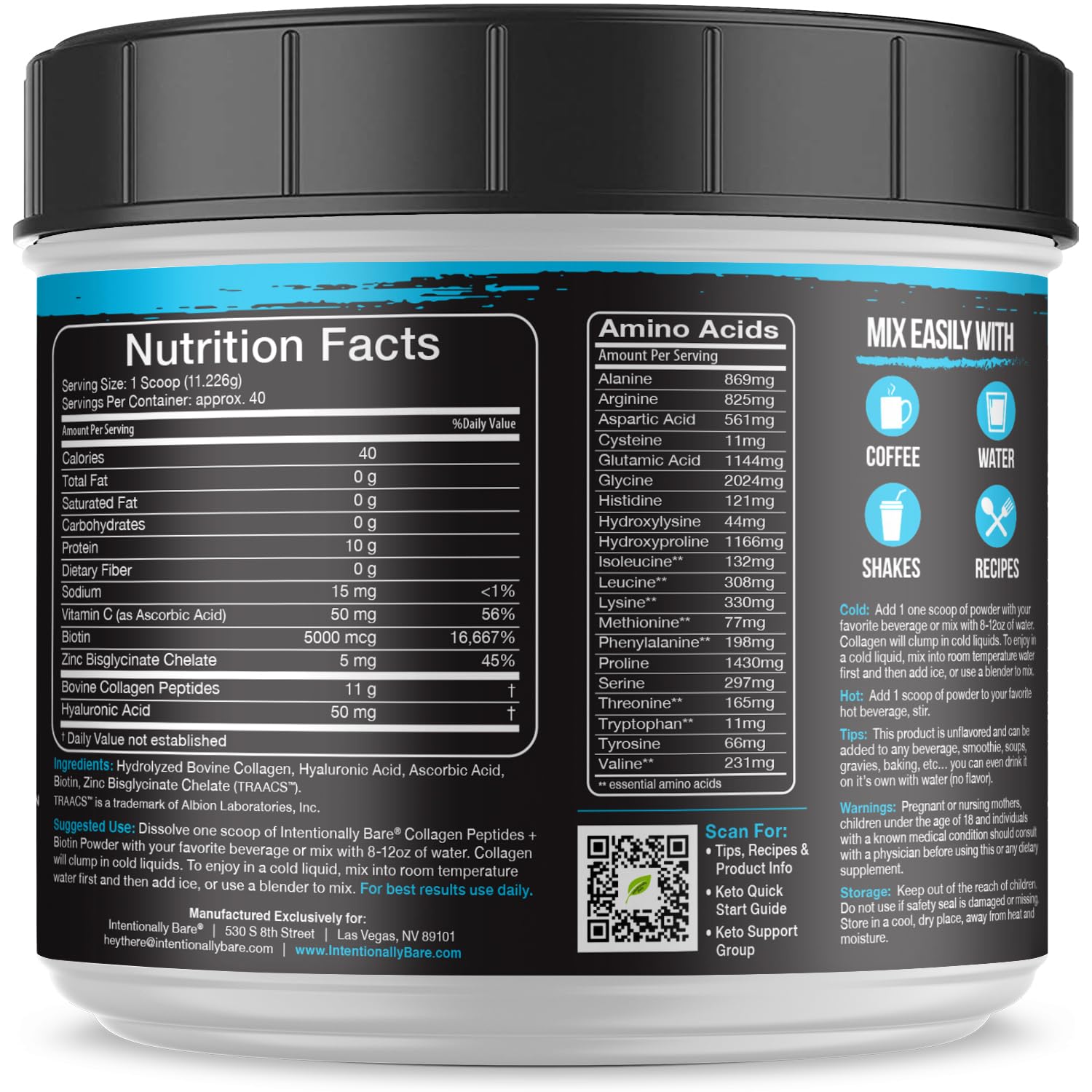 Intentionally Bare Grass Fed Hydrolyzed Collagen Peptides Powder - Bovine Collagen Powder – with Biotin, Hyaluronic Acid, Vitamin C & Zinc - Peptides I & III - dailyvitalstore