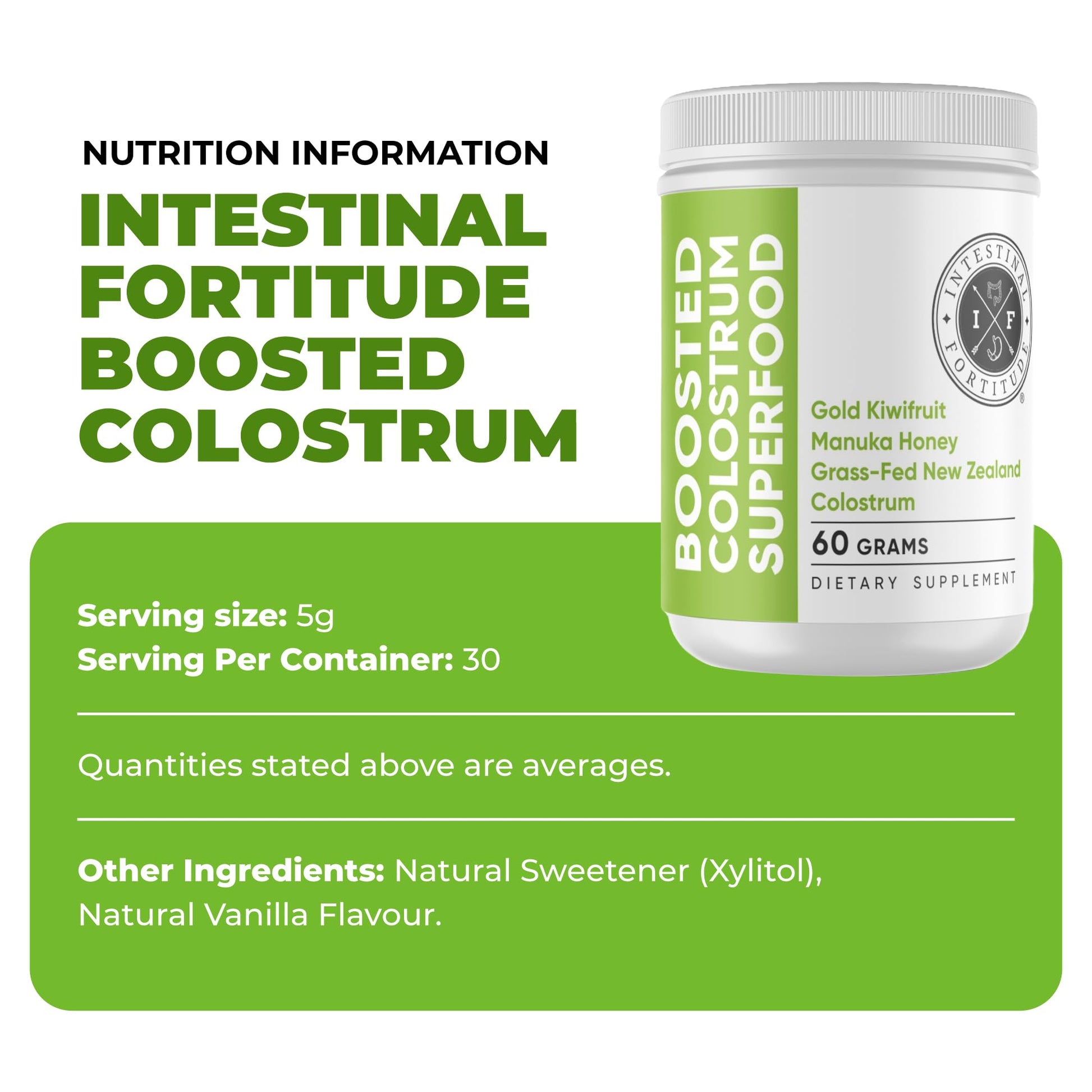 Intestinal Fortitude Boosted Colostrum Superfood Dietary Supplement: Grass-Fed New Zealand Bovine Colostrum, Gold Kiwifruit, Manuka Honey, for Digestion, Immune System, and Gut Health (60 Grams) - dailyvitalstore