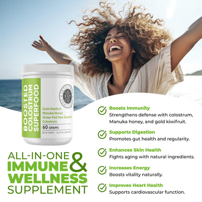Intestinal Fortitude Boosted Colostrum Superfood Dietary Supplement: Grass-Fed New Zealand Bovine Colostrum, Gold Kiwifruit, Manuka Honey, for Digestion, Immune System, and Gut Health (60 Grams) - dailyvitalstore
