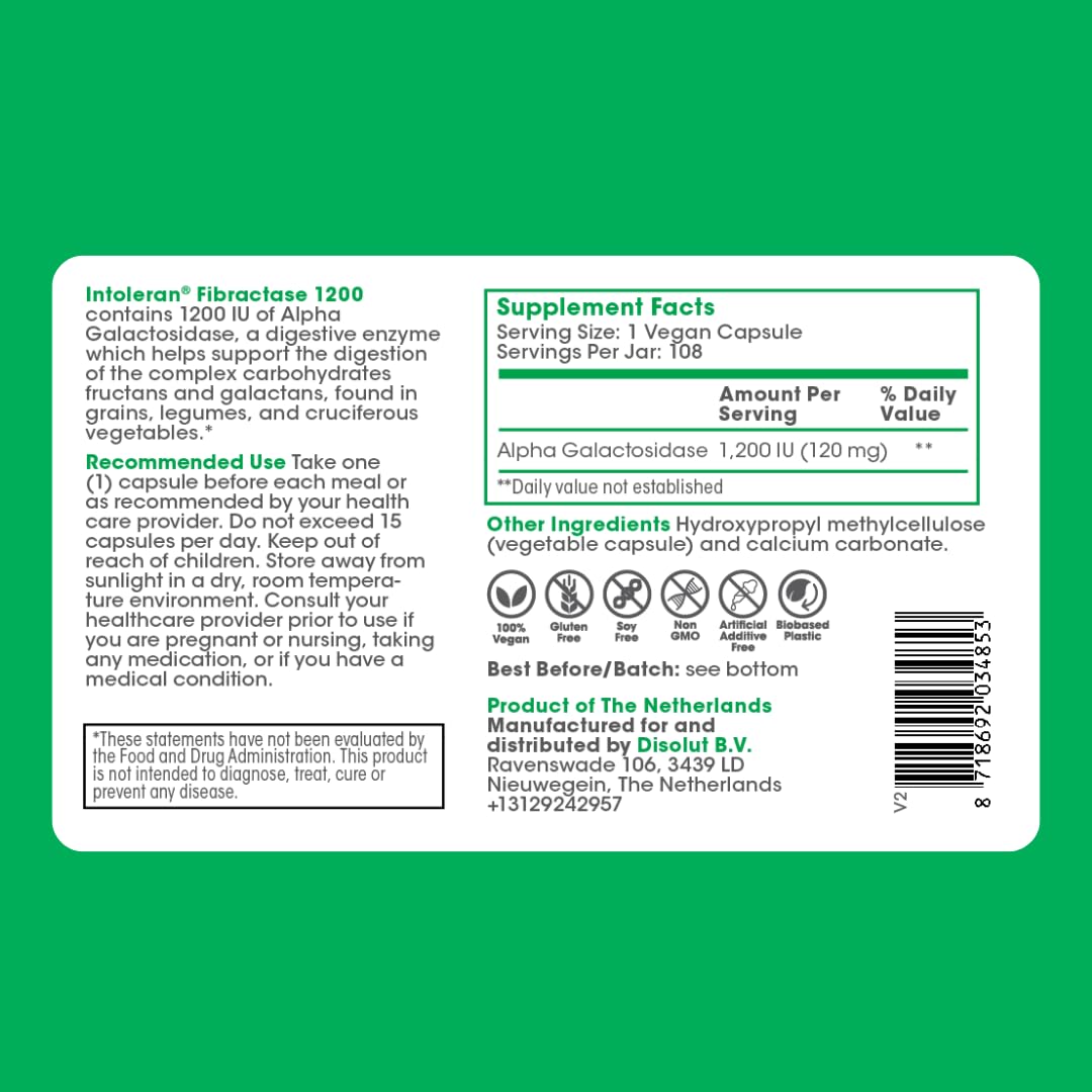 Intoleran Fibractase 1200 Digestive Enzymes - 108 Capsules | Supplement for Fructans & Galactans Intolerance | Helps Digest Carbohydrates; Grains, Legumes - dailyvitalstore