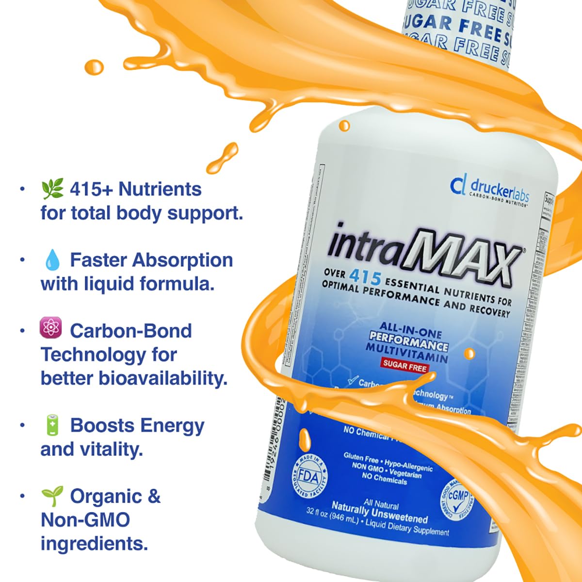 intraMAX Drucker Labs Organic Sugar-Free All-in-One Performance Liquid Multivitamin for Men & Women | Non-GMO, Gluten & Dairy Free | with Magnesium, Zinc, Vitamins D, C & E | 32 oz - dailyvitalstore
