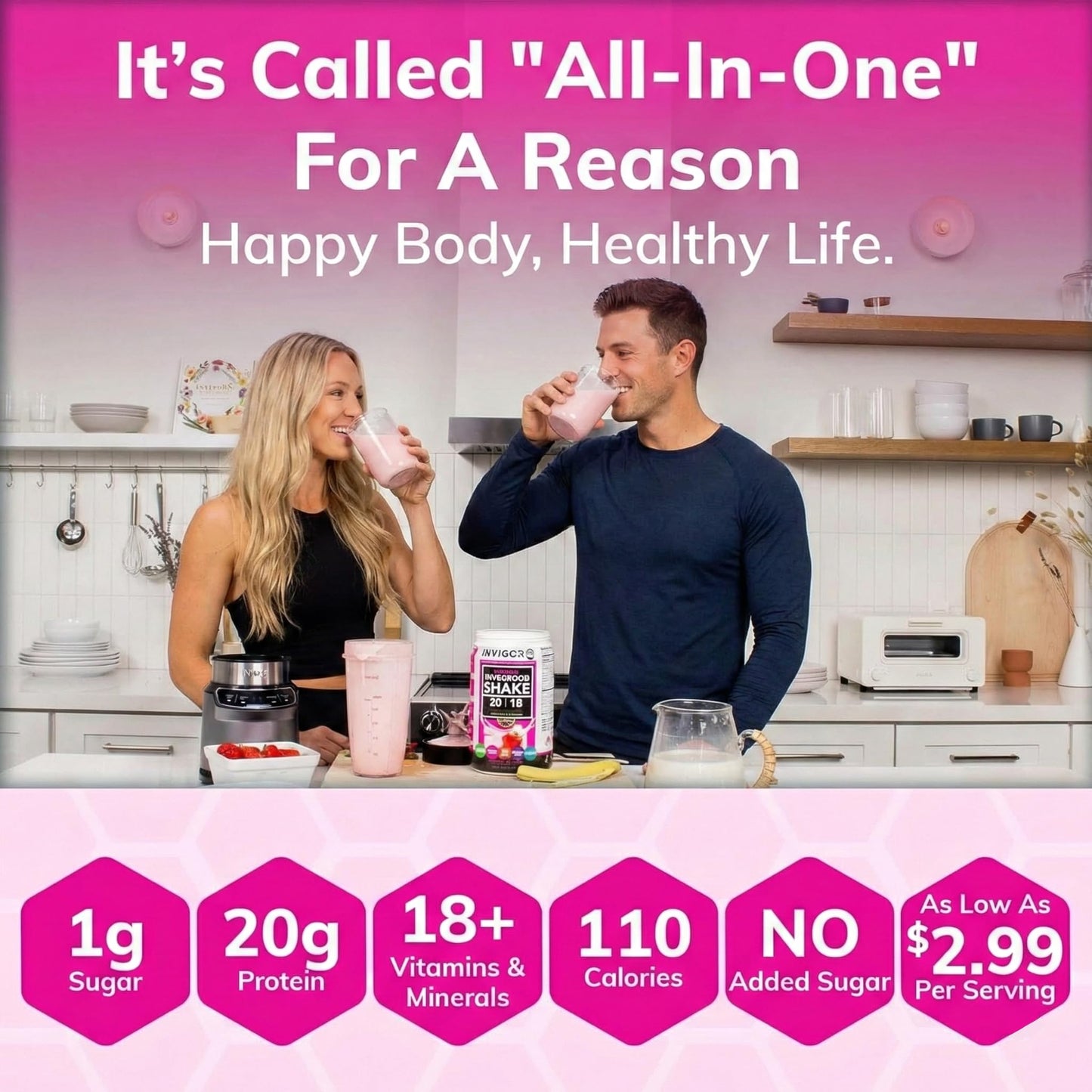 INVIGOR8 Superfood Grass Fed Whey Protein Isolate Shake Natural Strawberry Gluten-Free and Non GMO Meal Replacement with Probiotics and Omega 3 (645g) - dailyvitalstore
