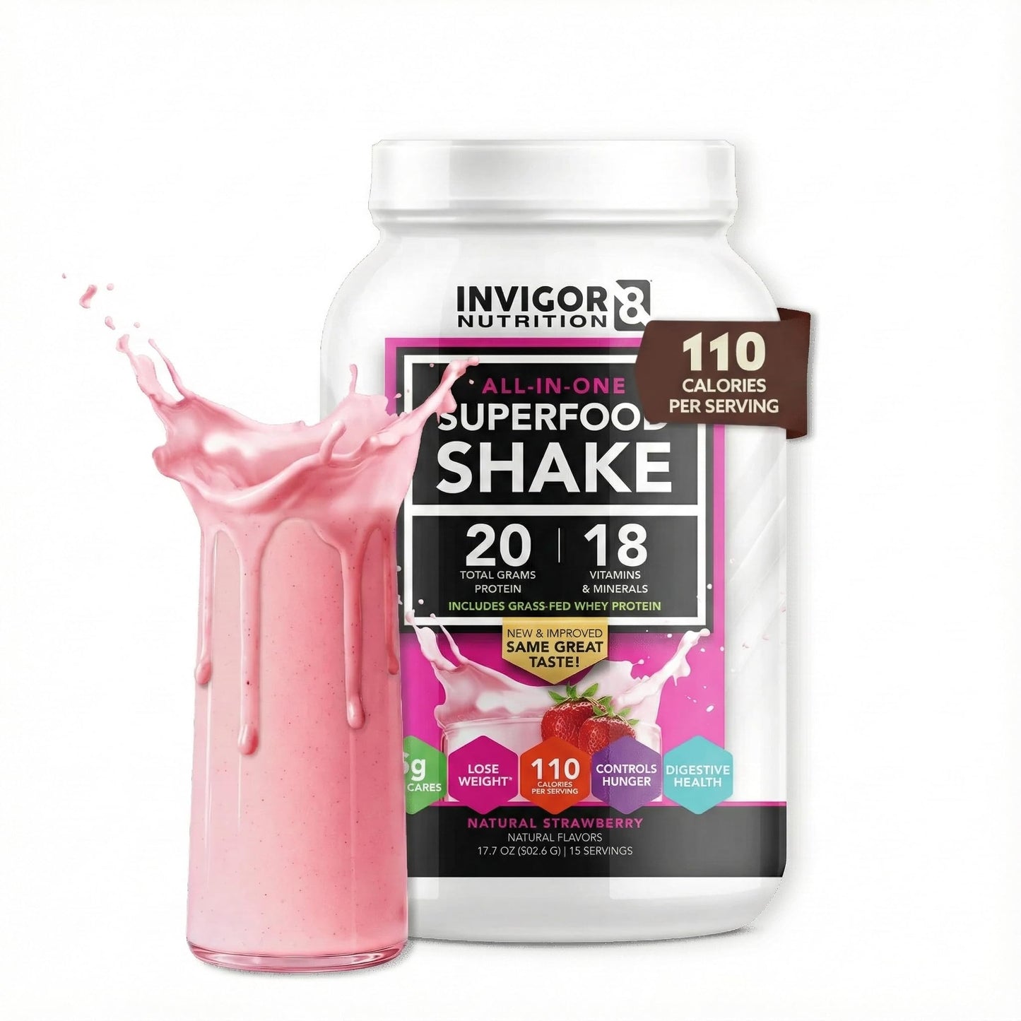 INVIGOR8 Superfood Grass Fed Whey Protein Isolate Shake Natural Strawberry Gluten-Free and Non GMO Meal Replacement with Probiotics and Omega 3 (645g) - dailyvitalstore
