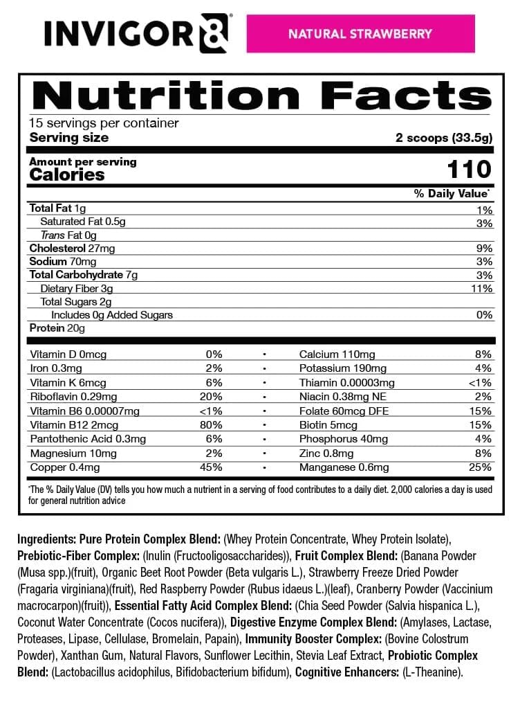 INVIGOR8 Superfood Grass Fed Whey Protein Isolate Shake Natural Strawberry Gluten-Free and Non GMO Meal Replacement with Probiotics and Omega 3 (645g) - dailyvitalstore
