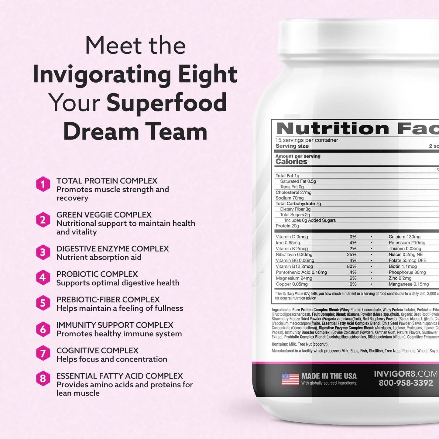 INVIGOR8 Superfood Grass Fed Whey Protein Isolate Shake Natural Strawberry Gluten-Free and Non GMO Meal Replacement with Probiotics and Omega 3 (645g) - dailyvitalstore