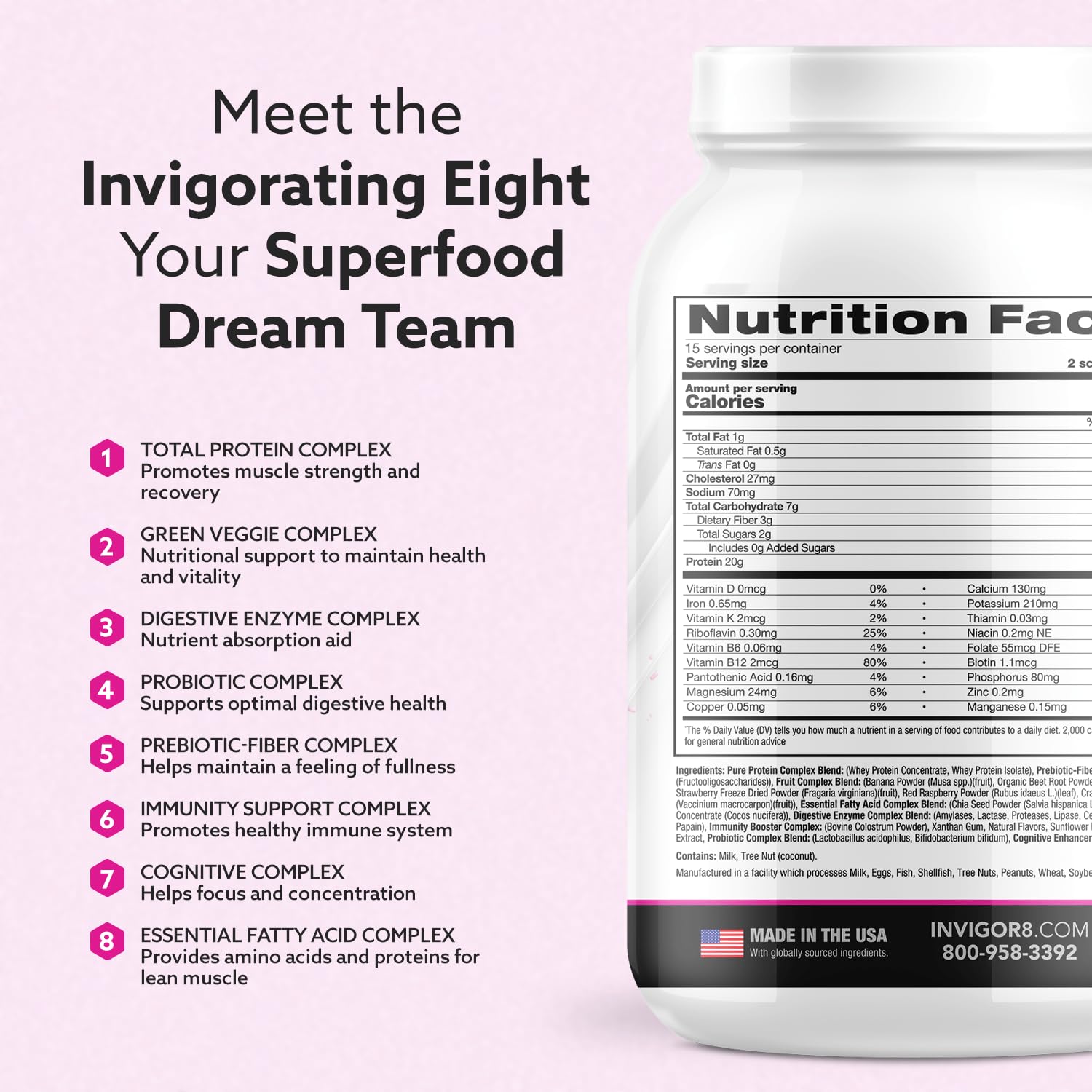 INVIGOR8 Superfood Grass Fed Whey Protein Isolate Shake Natural Strawberry Gluten-Free and Non GMO Meal Replacement with Probiotics and Omega 3 (645g) - dailyvitalstore