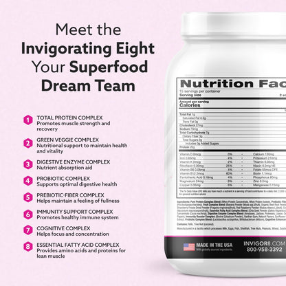 INVIGOR8 Superfood Grass Fed Whey Protein Isolate Shake Natural Strawberry Gluten-Free and Non GMO Meal Replacement with Probiotics and Omega 3 (645g) - dailyvitalstore