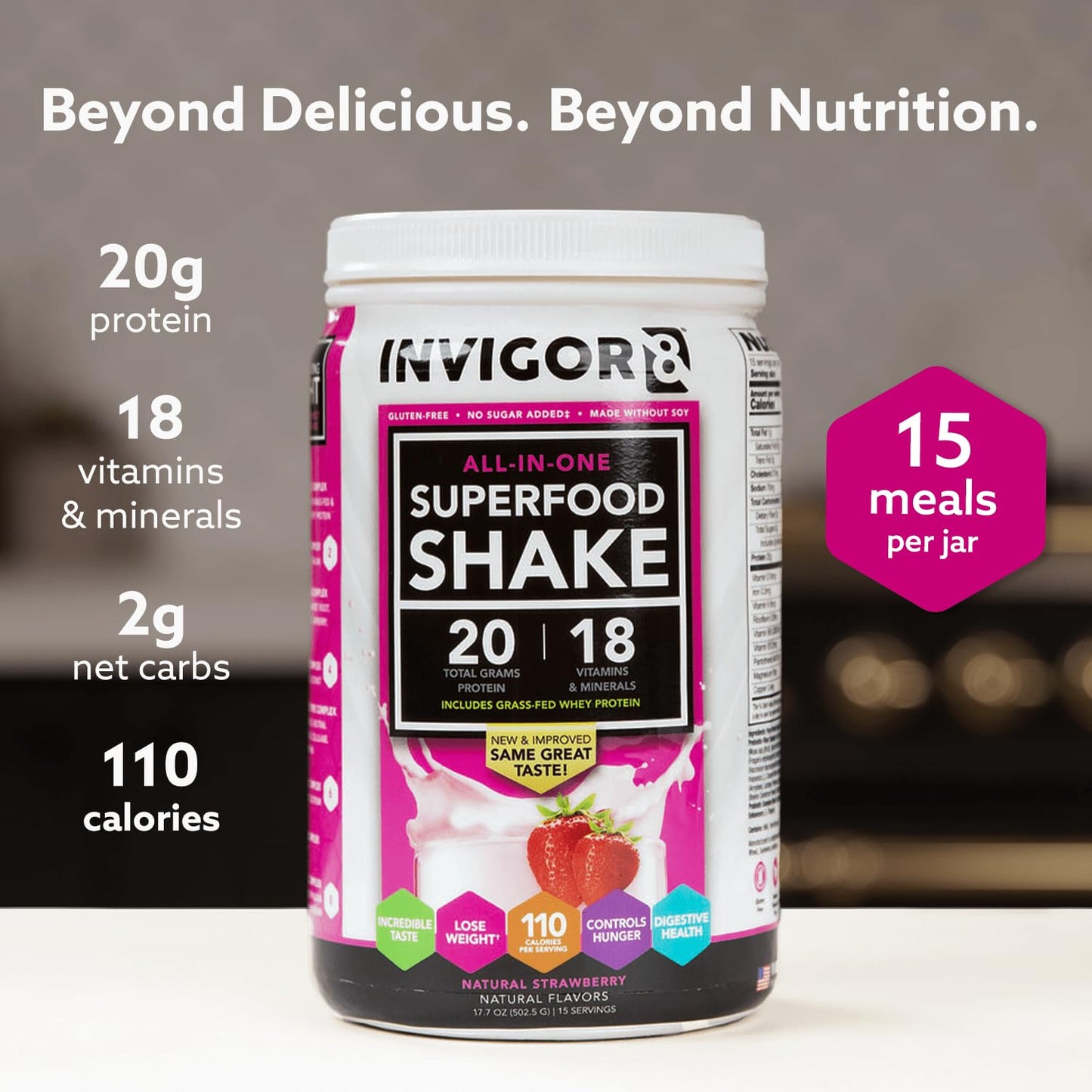 INVIGOR8 Superfood Grass Fed Whey Protein Isolate Shake Natural Strawberry Gluten-Free and Non GMO Meal Replacement with Probiotics and Omega 3 (645g) - dailyvitalstore