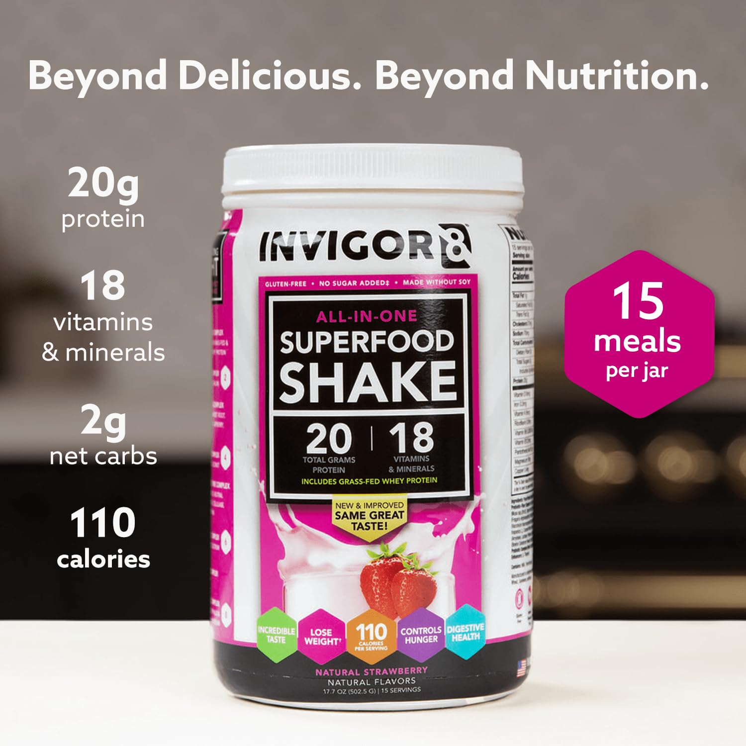 INVIGOR8 Superfood Grass Fed Whey Protein Isolate Shake Natural Strawberry Gluten-Free and Non GMO Meal Replacement with Probiotics and Omega 3 (645g) - dailyvitalstore