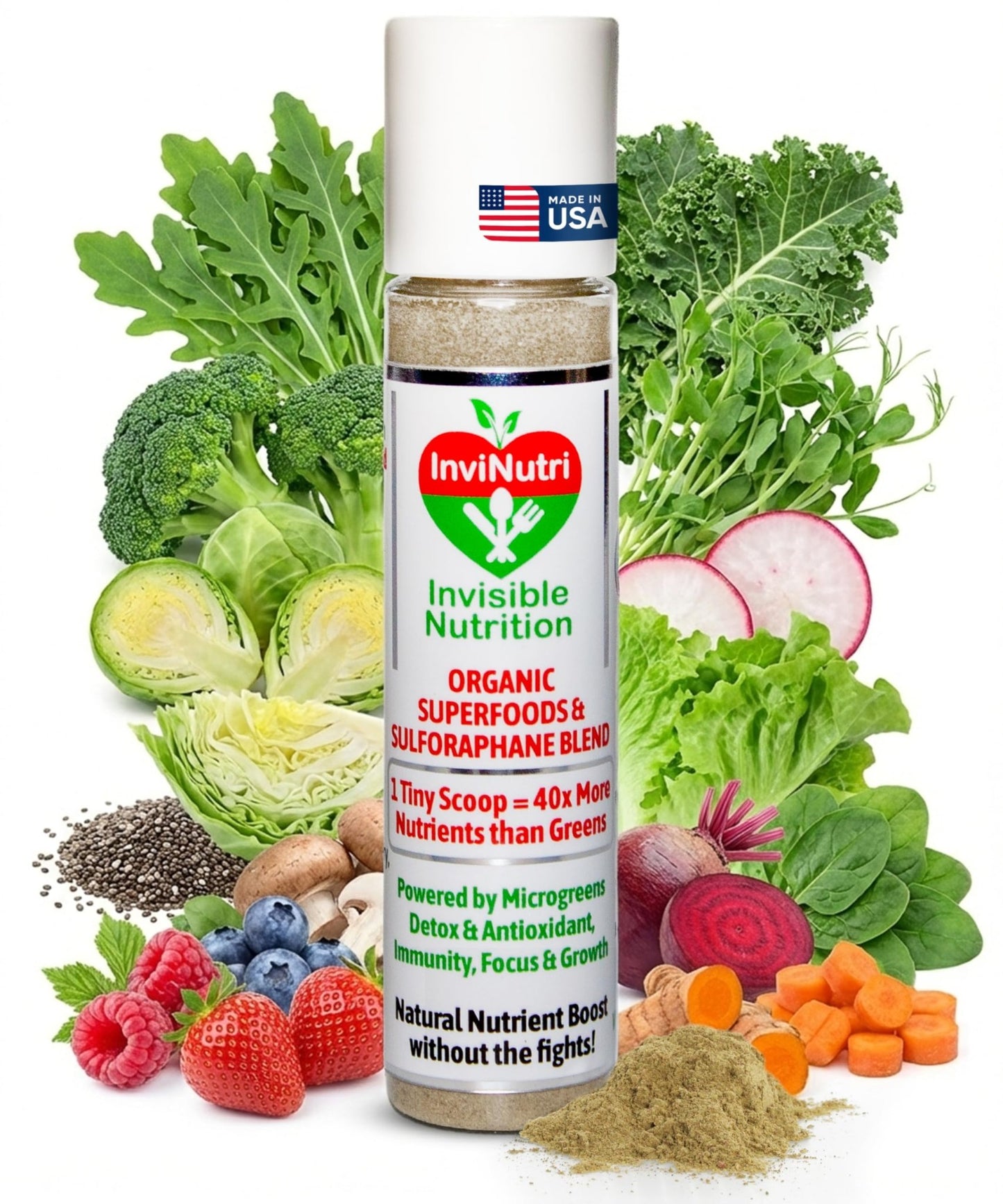 InviNutri Superfood Powder for Sensory & Picky Eaters. A TINY scoop- 40x Nutrient-Rich, 30mg Sulforaphane for Detox. Organic Microgreens, Fruits & Veggies - Blends Invisibly into Most Meals - 24 serv. - dailyvitalstore