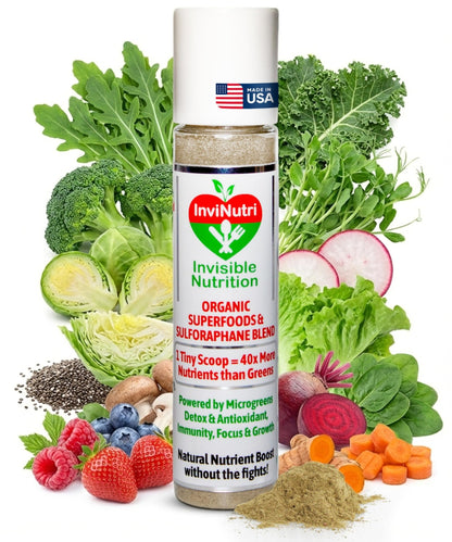 InviNutri Superfood Powder for Sensory & Picky Eaters. A TINY scoop- 40x Nutrient-Rich, 30mg Sulforaphane for Detox. Organic Microgreens, Fruits & Veggies - Blends Invisibly into Most Meals - 24 serv. - dailyvitalstore