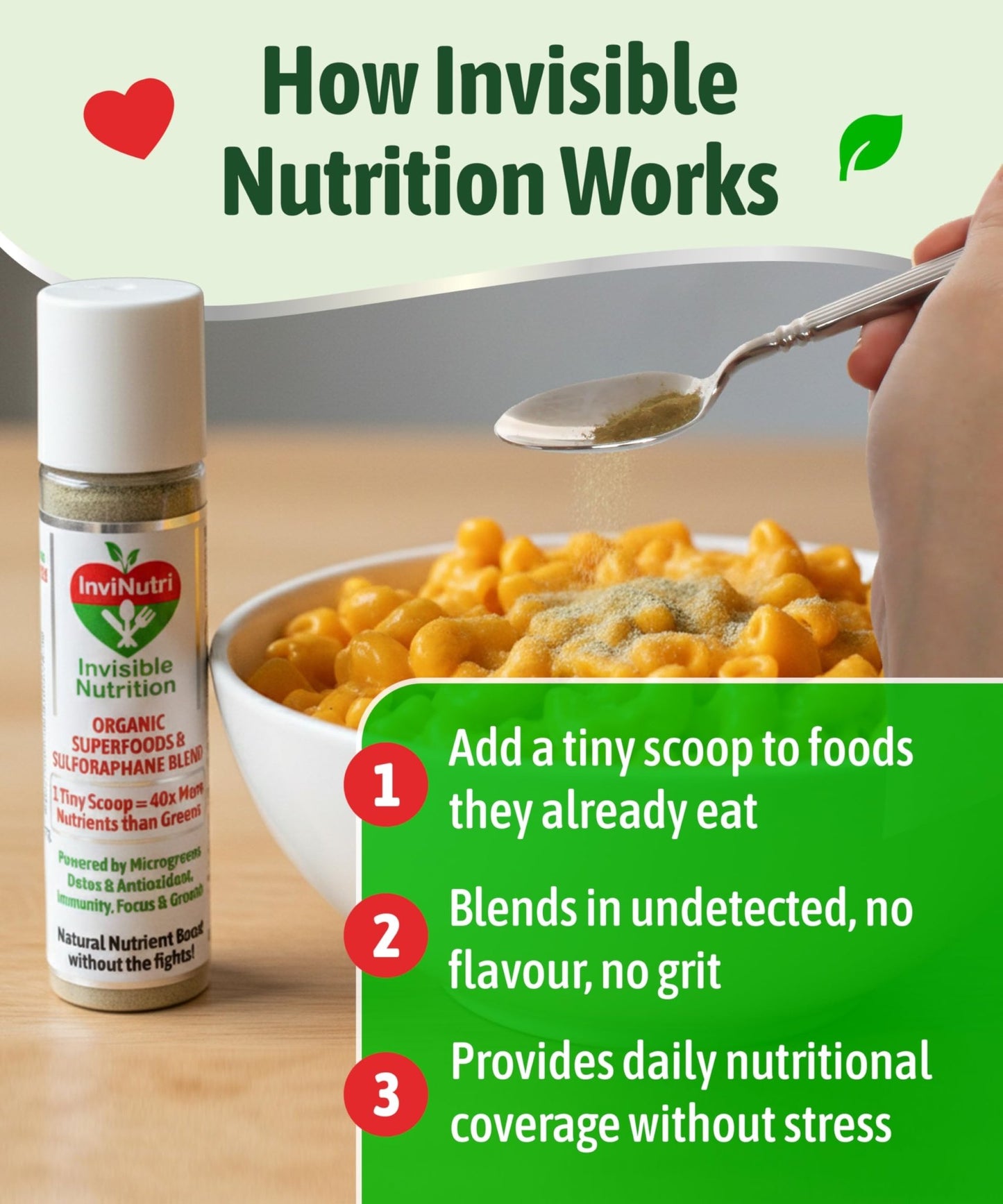 InviNutri Superfood Powder for Sensory & Picky Eaters. A TINY scoop- 40x Nutrient-Rich, 30mg Sulforaphane for Detox. Organic Microgreens, Fruits & Veggies - Blends Invisibly into Most Meals - 24 serv. - dailyvitalstore