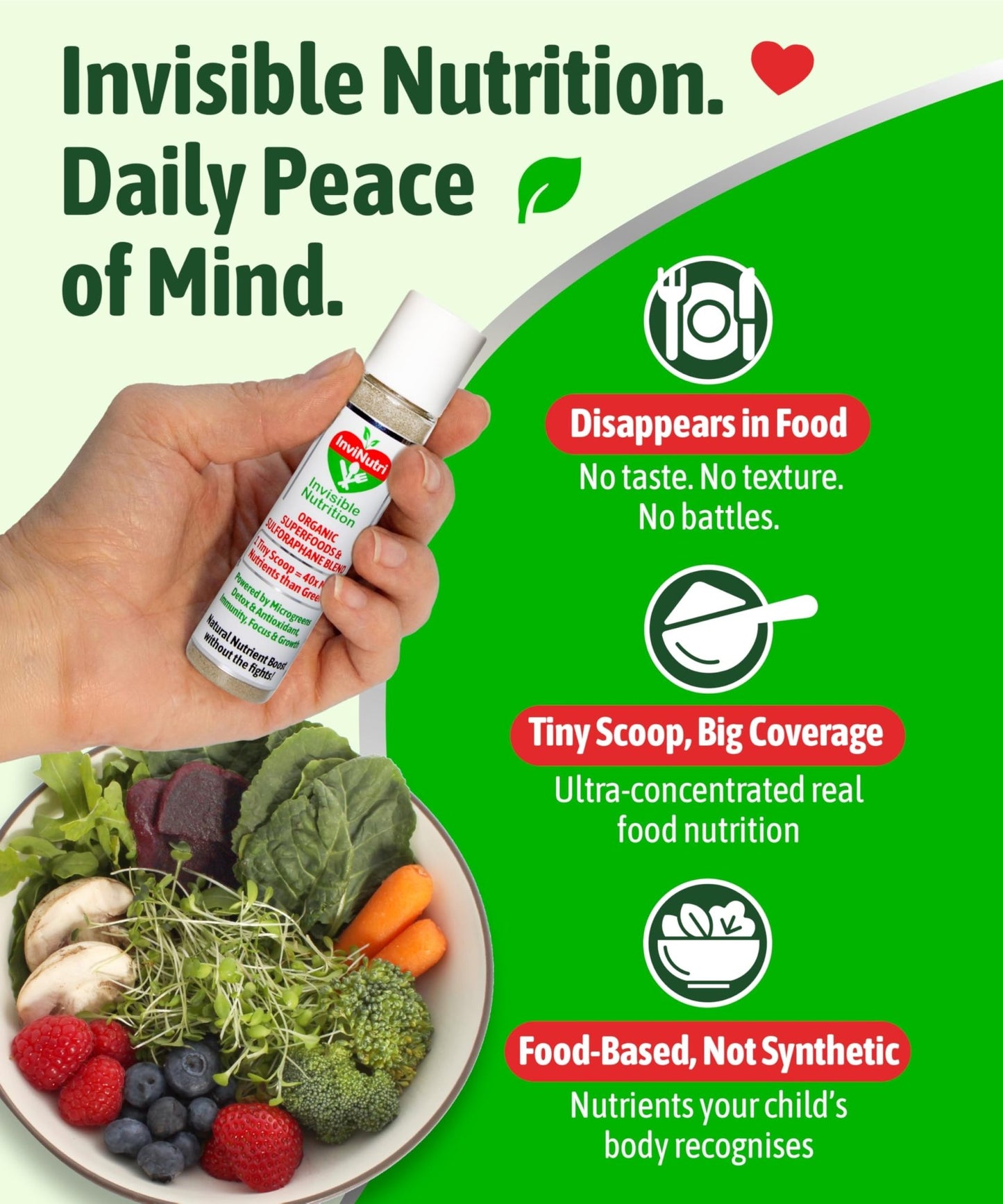InviNutri Superfood Powder for Sensory & Picky Eaters. A TINY scoop- 40x Nutrient-Rich, 30mg Sulforaphane for Detox. Organic Microgreens, Fruits & Veggies - Blends Invisibly into Most Meals - 24 serv. - dailyvitalstore
