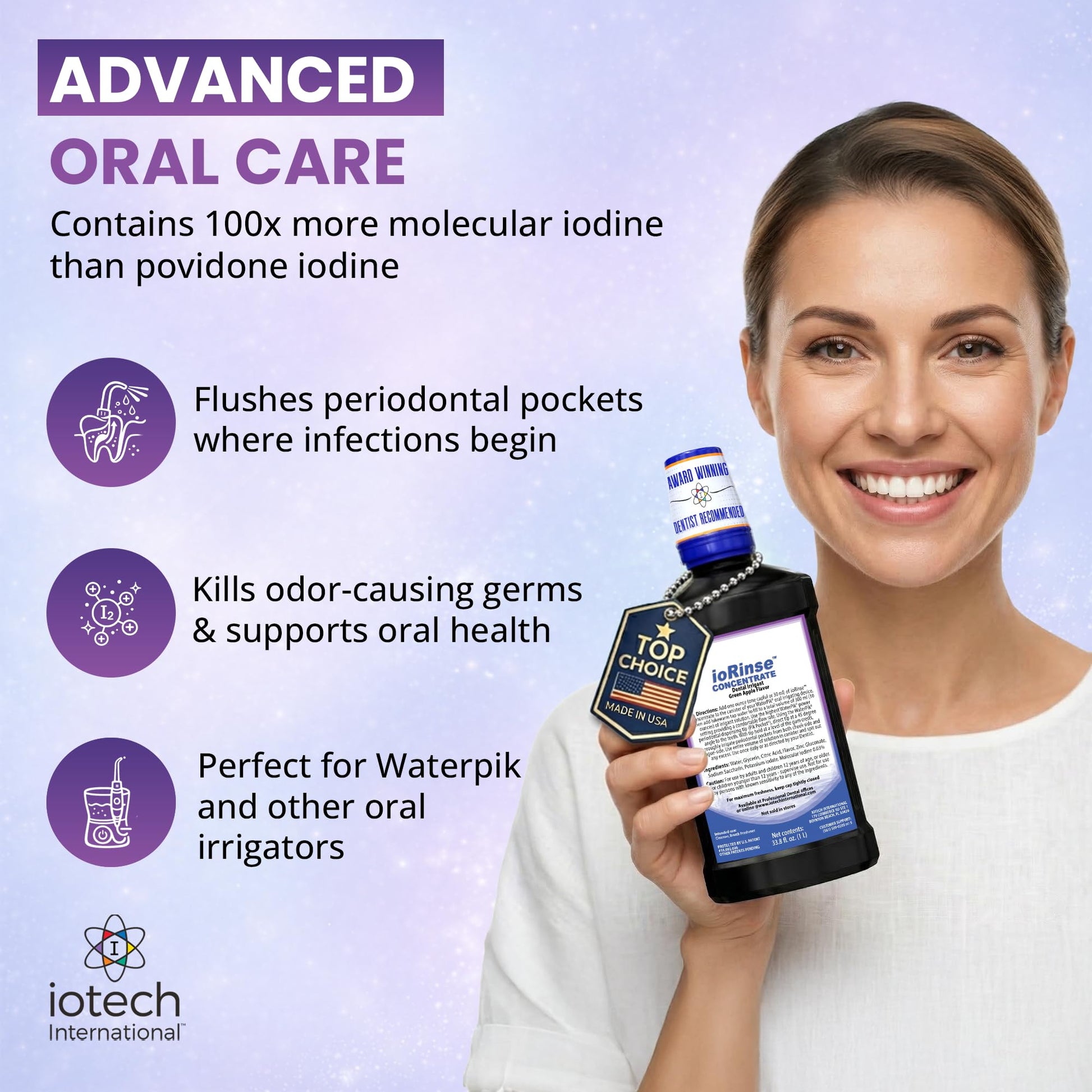 ioRinse Concentrated Irrigant with Active Molecular Iodine, Alcohol-Free Dental Irrigant, for use with Waterpik Water Flossers - dailyvitalstore