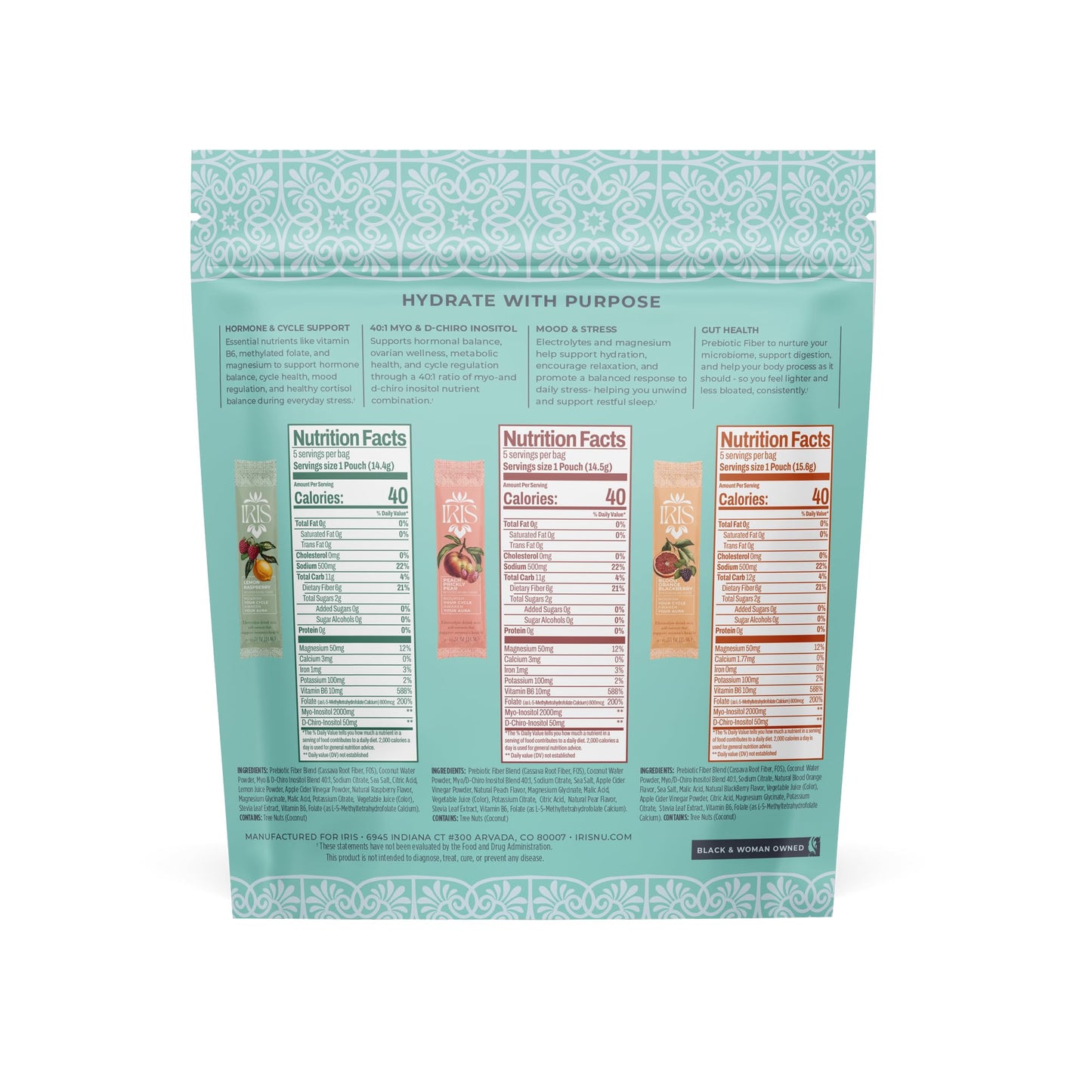 Iris Women’s Hormonal Health Daily Electrolyte Drink Mix | High Fiber, Essential B Vitamins for Mood Support | 40:1 Myo & D‑Chiro Inositol | Variety Pack, - dailyvitalstore