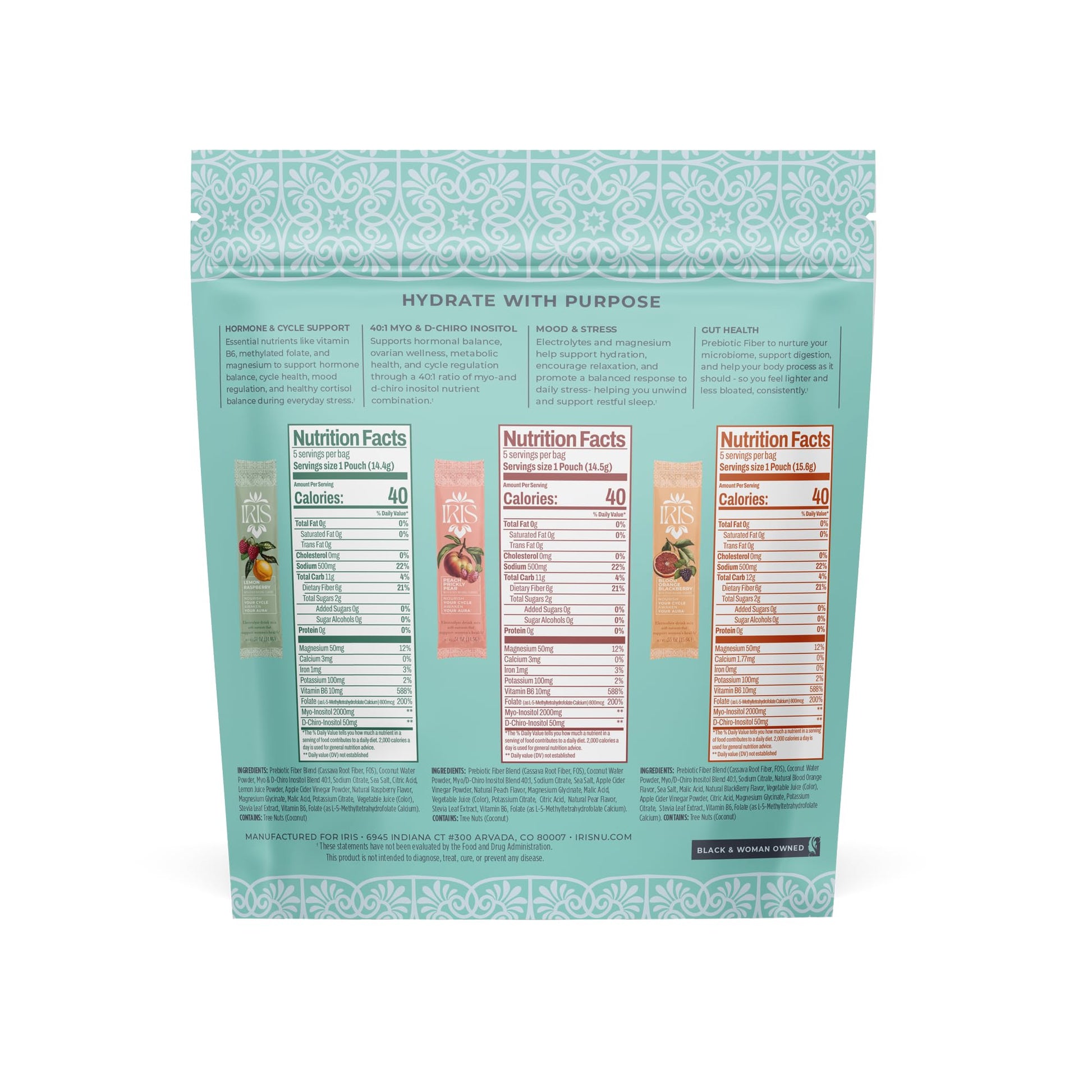 Iris Women’s Hormonal Health Daily Electrolyte Drink Mix | High Fiber, Essential B Vitamins for Mood Support | 40:1 Myo & D‑Chiro Inositol | Variety Pack, - dailyvitalstore