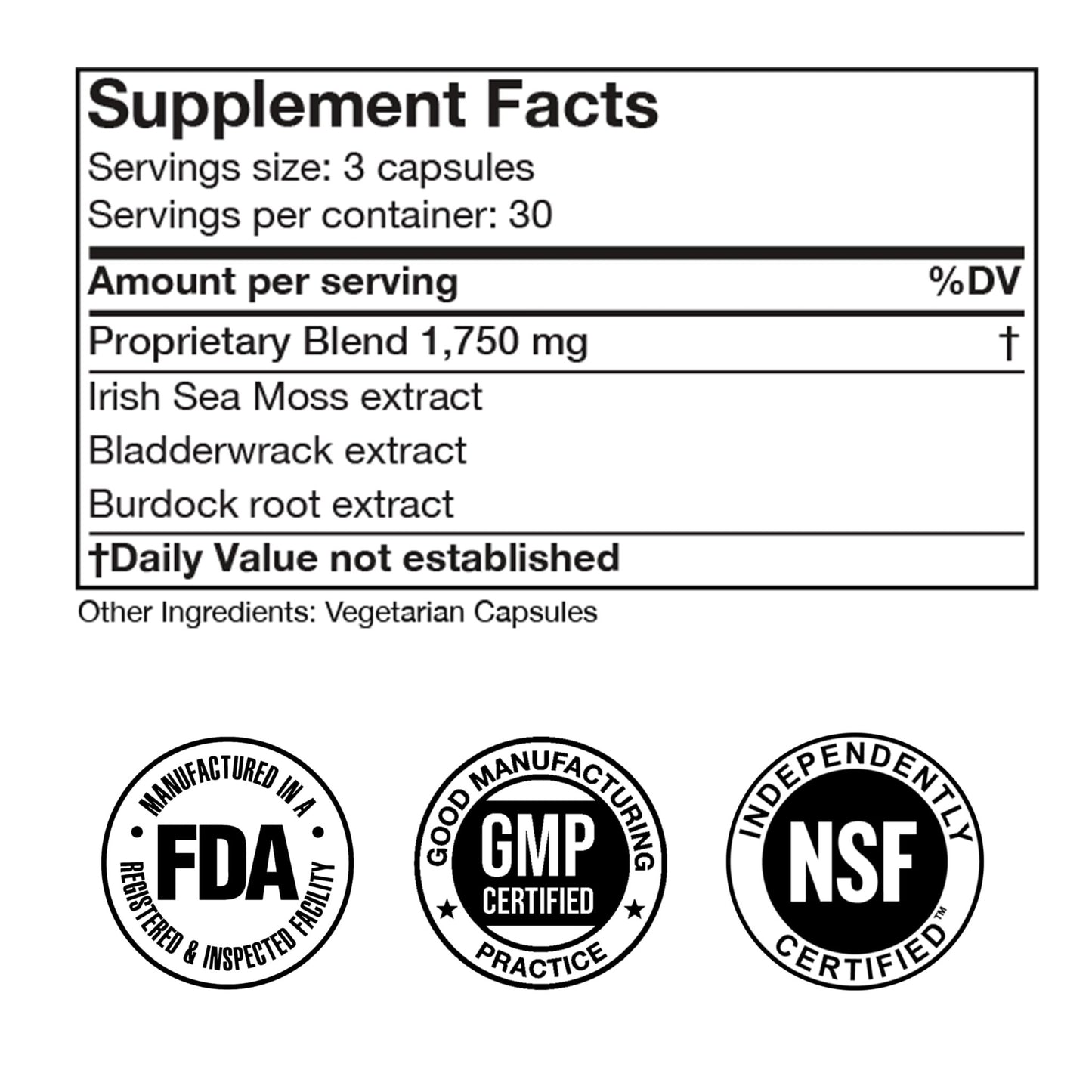 Irish Sea Moss Advanced Supplement Capsules 1500mg, Ultra Potent Seamoss Advanced with Bladderwrack & Burdock Root, Made in FDA-Registered, NSF-Certified Facility, Overall Health Support, 90 Capsules - dailyvitalstore