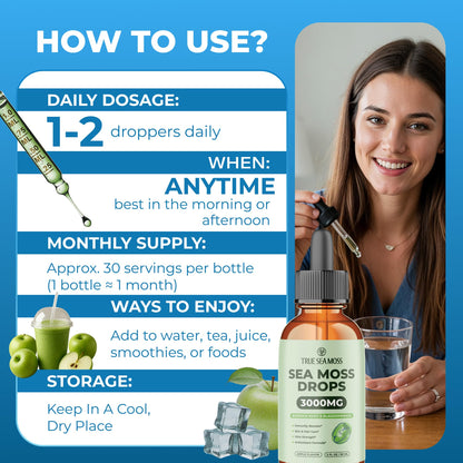 Irish Sea Moss Liquid Drops - 3000mg Formula - with Bladderwrack, Burdock Root & Black Cumin Seed - Liquid Supplement - Apple Flavor - 2 Fl Oz (60ml) - dailyvitalstore