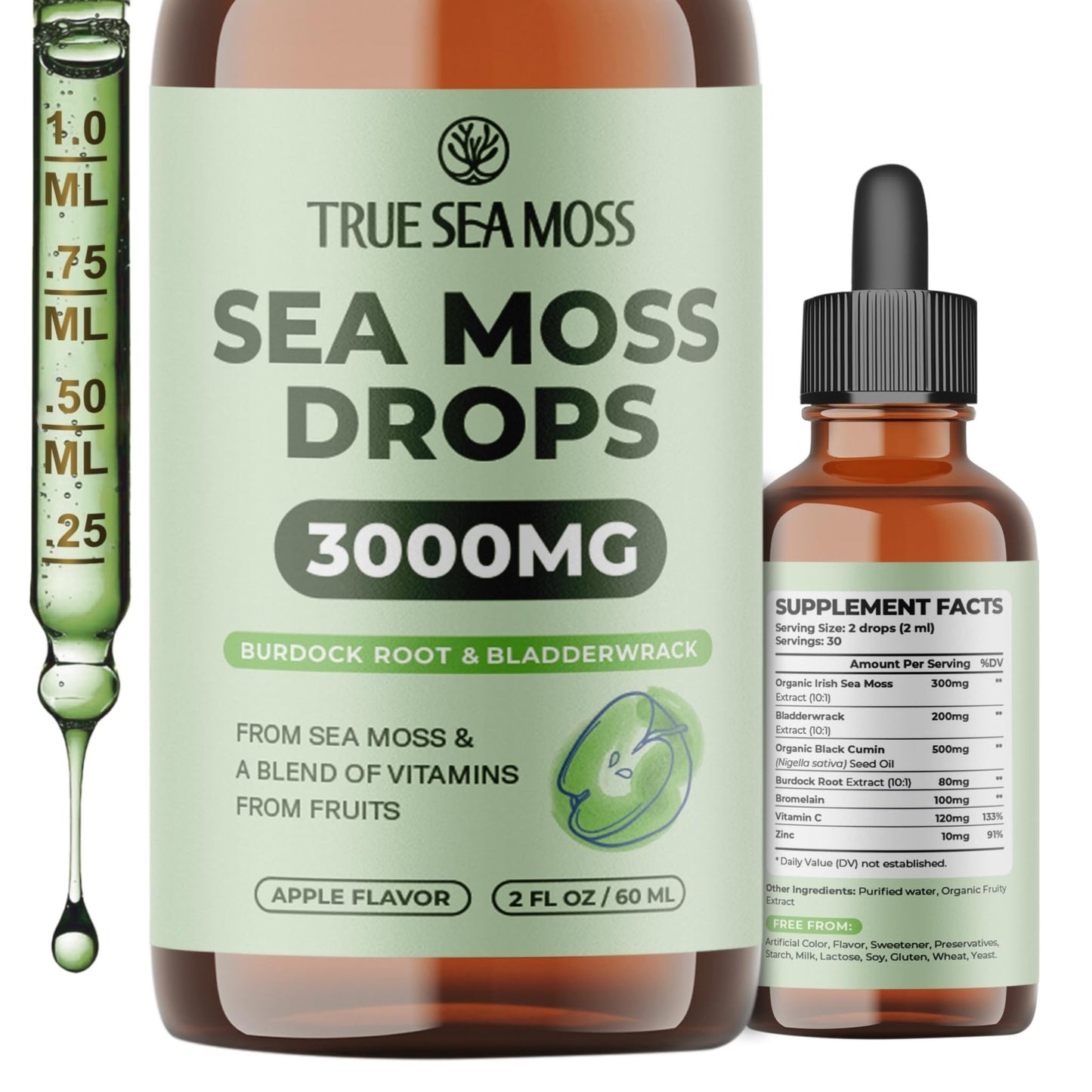 Irish Sea Moss Liquid Drops - 3000mg Formula - with Bladderwrack, Burdock Root & Black Cumin Seed - Liquid Supplement - Apple Flavor - 2 Fl Oz (60ml) - dailyvitalstore