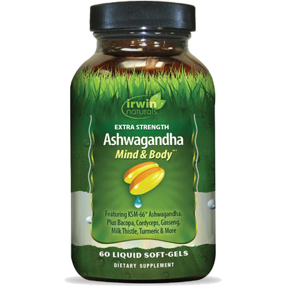 Irwin Naturals Extra Strength Ashwagandha - 60 Liquid Softgels - Helps Boost Physical & Mental Performance - with Turmeric & Milk Thistle - dailyvitalstore