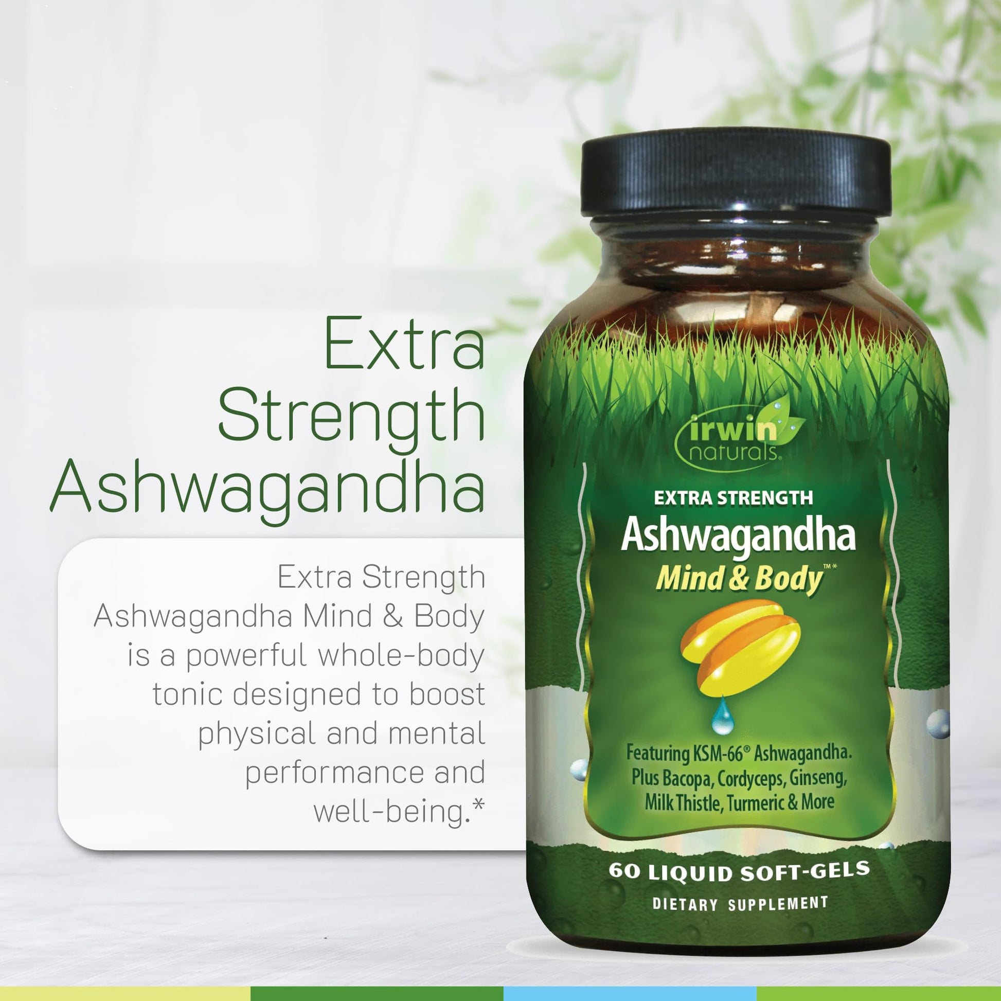 Irwin Naturals Extra Strength Ashwagandha - 60 Liquid Softgels - Helps Boost Physical & Mental Performance - with Turmeric & Milk Thistle - dailyvitalstore
