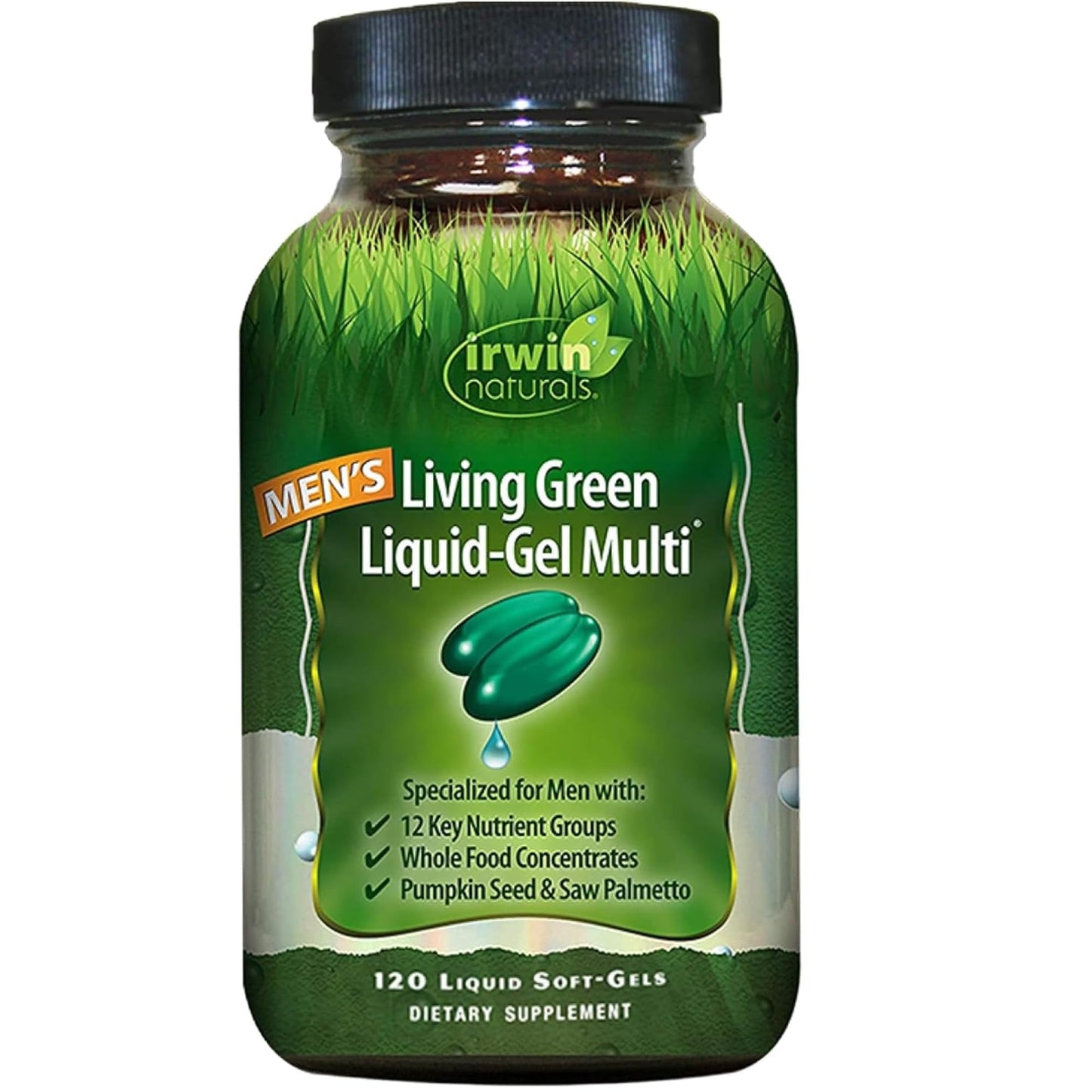 Irwin Naturals Men's Living Green Liquid-Gel Multi - 70 Essential Nutrients, Full-Spectrum Vitamin Supplements for Men, Wholefood Blend - Promotes Brain & Adrenal Support - 120 Liquid Soft-Gels - dailyvitalstore