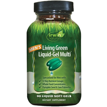 Irwin Naturals Men's Living Green Liquid-Gel Multi - 70 Essential Nutrients, Full-Spectrum Vitamin Supplements for Men, Wholefood Blend - Promotes Brain & Adrenal Support - 90 Liquid Soft-Gels - dailyvitalstore