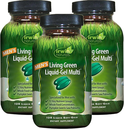Irwin Naturals Men's Living Green Liquid-Gel Multi - 70 Essential Nutrients, Full-Spectrum Vitamin Supplements for Men, Wholefood Blend - Promotes Brain & Adrenal Support - 120 Soft-Gels (3 Pack) - dailyvitalstore