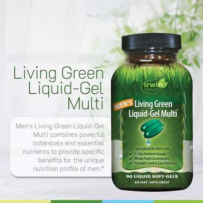 Irwin Naturals Men's Living Green Liquid-Gel Multi - 70 Essential Nutrients, Full-Spectrum Vitamin Supplements for Men, Wholefood Blend - Promotes Brain & Adrenal Support - 90 Liquid Soft-Gels - dailyvitalstore
