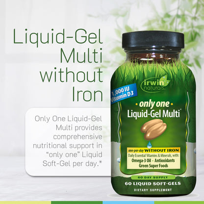 Irwin Naturals Only One Liquid-Gel Multi - 60 Liquid Softgels - No Iron Daily Essential Vitamins, Minerals, Antioxidants, Omega-3 & Green Super Foods - dailyvitalstore