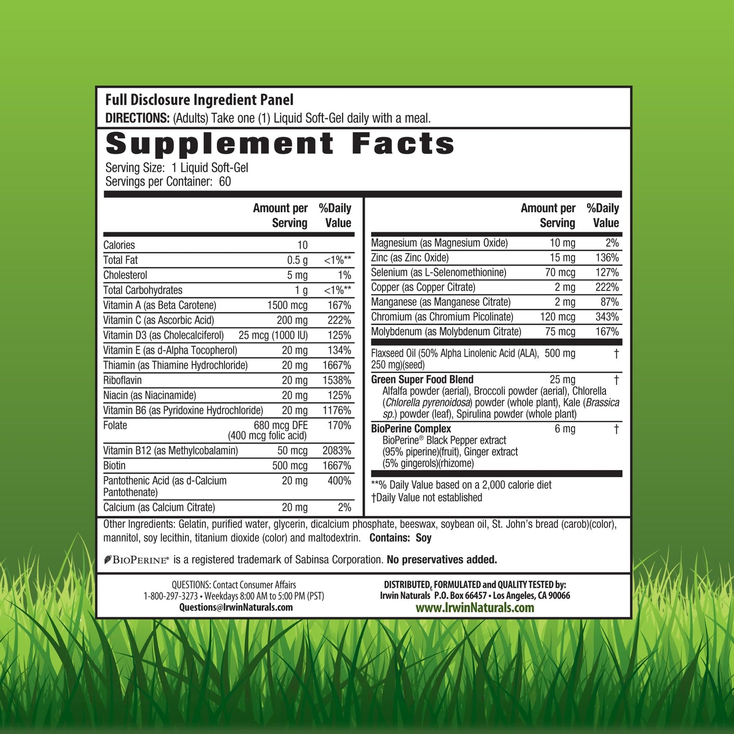 Irwin Naturals Only One Liquid-Gel Multi - 60 Liquid Softgels - No Iron Daily Essential Vitamins, Minerals, Antioxidants, Omega-3 & Green Super Foods - dailyvitalstore