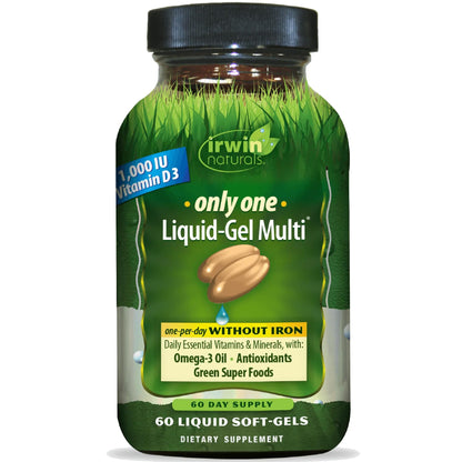 Irwin Naturals Only One Liquid-Gel Multi - 60 Liquid Softgels - No Iron Daily Essential Vitamins, Minerals, Antioxidants, Omega-3 & Green Super Foods - dailyvitalstore