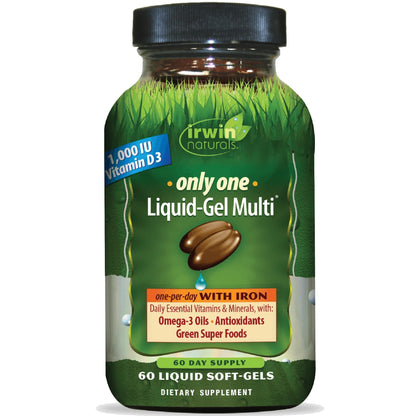 Irwin Naturals Only One Liquid-Gel Multi with Iron - 60 Liquid Softgels - Daily Essential Vitamins, Minerals, Antioxidants, Omega-3s & Green Super Foods - dailyvitalstore