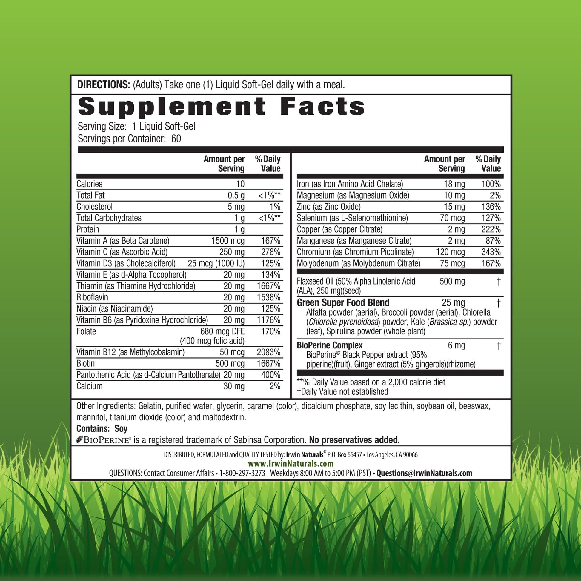 Irwin Naturals Only One Liquid-Gel Multi with Iron - 60 Liquid Softgels - Daily Essential Vitamins, Minerals, Antioxidants, Omega-3s & Green Super Foods - dailyvitalstore