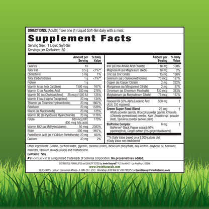 Irwin Naturals Only One Liquid-Gel Multi with Iron - 60 Liquid Softgels - Daily Essential Vitamins, Minerals, Antioxidants, Omega-3s & Green Super Foods - dailyvitalstore