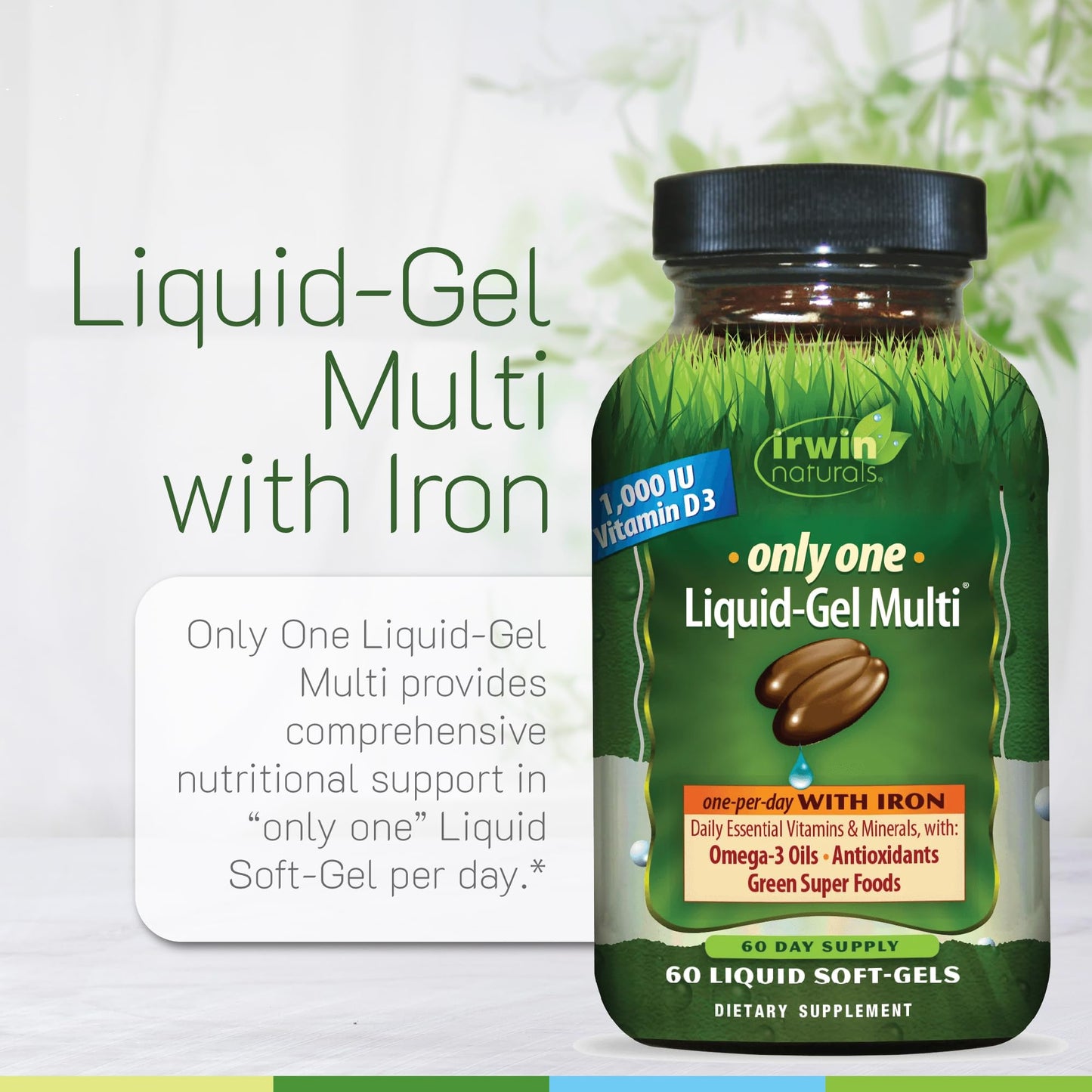 Irwin Naturals Only One Liquid-Gel Multi with Iron - 60 Liquid Softgels - Daily Essential Vitamins, Minerals, Antioxidants, Omega-3s & Green Super Foods - dailyvitalstore