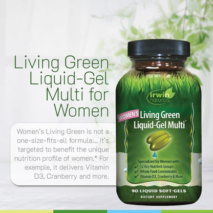 Irwin Naturals Women’s Living Green Liquid-Gel Multi - Whole Food Multivitamin for Women with 70 Nutrients, Omega Oils & Greens Blend - Liquid Soft-Gels with BioPerine® for Absorption - 120 Count - dailyvitalstore
