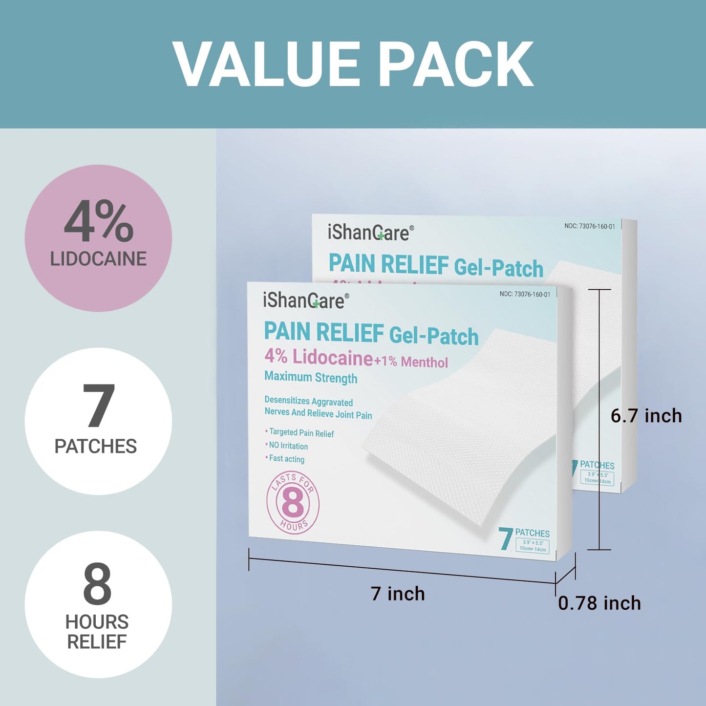 ishancare Lidocaine 4% + Menthol 1% Patches 14Count Fast Acting Maximum Strength Back Neck, Shoulders, Knees, Elbows Pain Relief - Temporary Nerve & Joint Pain Solution - dailyvitalstore