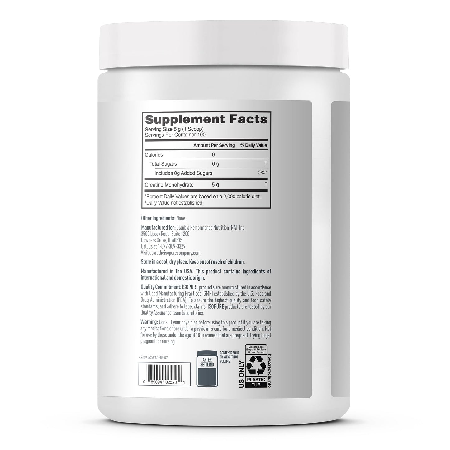 Isopure 100% Pure Creatine Monohydrate Powder, Sugar Free, Unflavored, 5g Creatine Monohydrate Per Serving, 1.1 Lbs, - dailyvitalstore