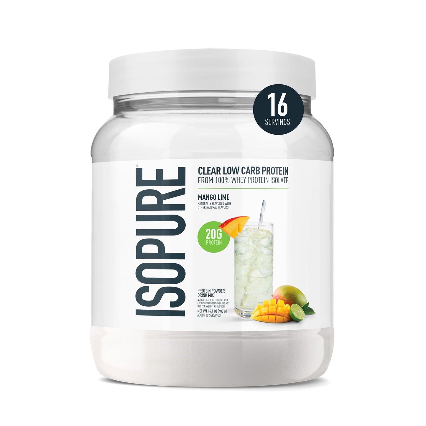 Isopure Clear Whey Isolate Protein Powder, Lactose Free, Gluten Free, Naturally Flavored, Mango Lime, 20g Protein Per Serving, 14.1 Oz, 16 Servings (Packaging May Vary) - dailyvitalstore
