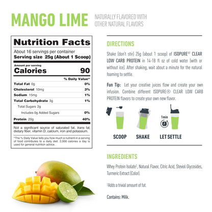 Isopure Clear Whey Isolate Protein Powder, Lactose Free, Gluten Free, Naturally Flavored, Mango Lime, 20g Protein Per Serving, 14.1 Oz, 16 Servings (Packaging May Vary) - dailyvitalstore