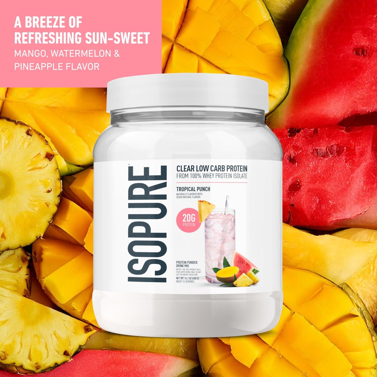 Isopure Clear Whey Isolate Protein Powder, Lactose Free, Gluten Free, Naturally Flavored, Tropical Punch, 20g Protein Per Serving, 14.1 Oz, 16 Servings (Packaging May Vary) - dailyvitalstore