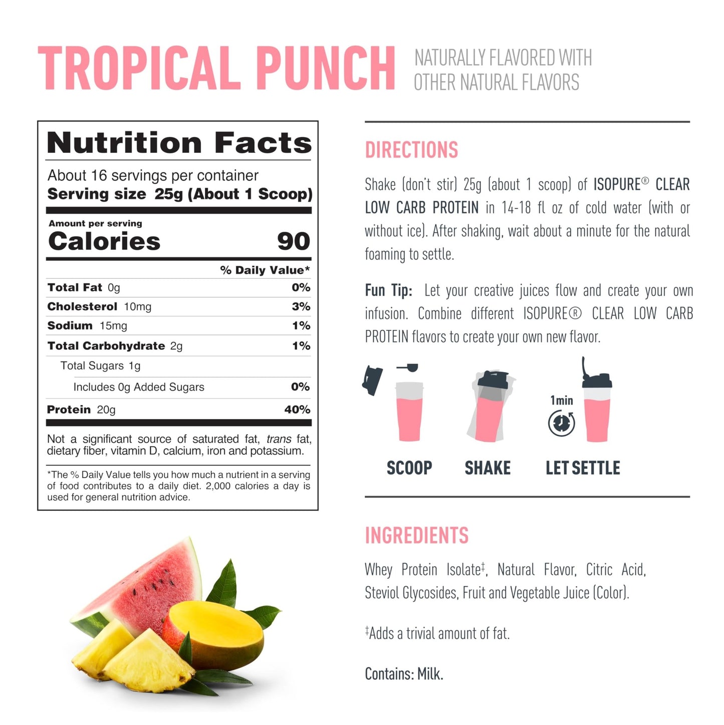 Isopure Clear Whey Isolate Protein Powder, Lactose Free, Gluten Free, Naturally Flavored, Tropical Punch, 20g Protein Per Serving, 14.1 Oz, 16 Servings (Packaging May Vary) - dailyvitalstore