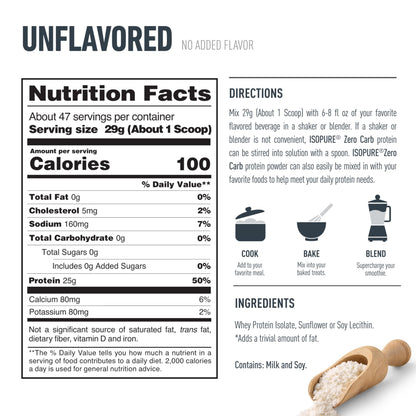 Isopure Zero Carb 100% Pure Whey Isolate Protein Powder, Gluten Free, with Vitamins, Unflavored, 25g Protein Per Serving, 3 Lbs, 47 Servings (Packaging May Vary) - dailyvitalstore